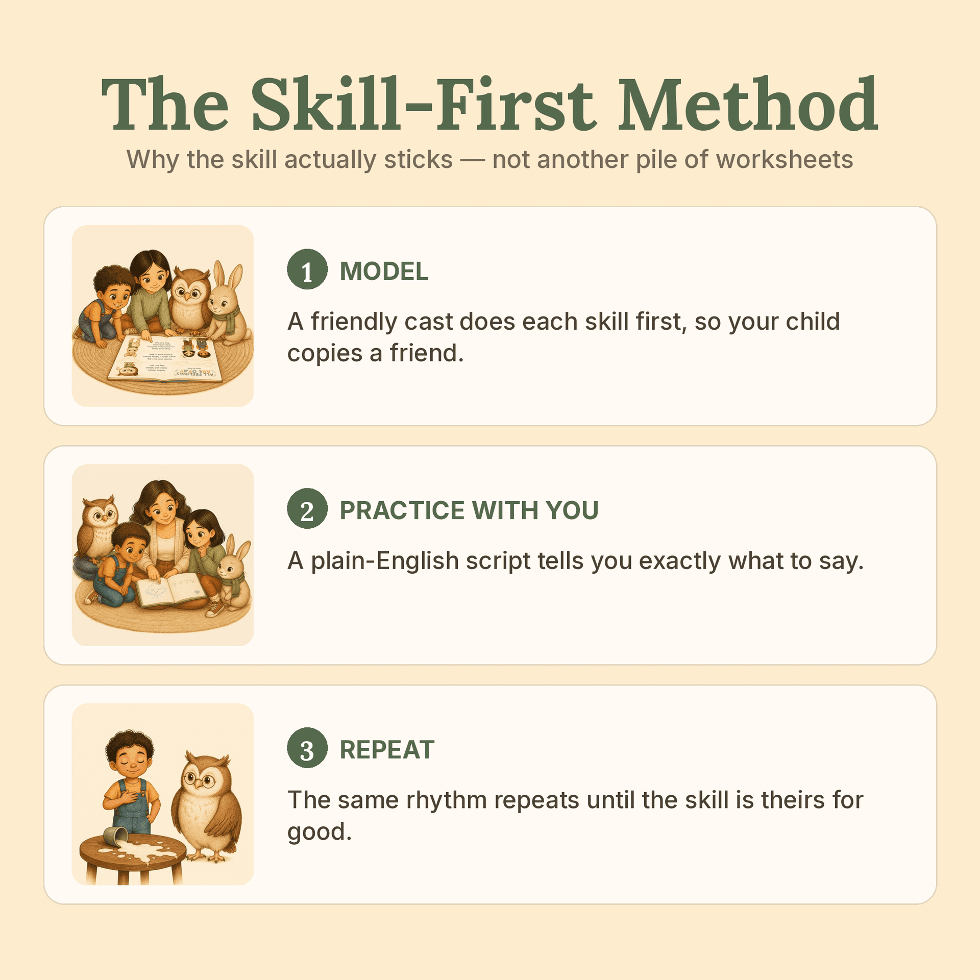 The Skill-First Method: model, practice with you, repeat